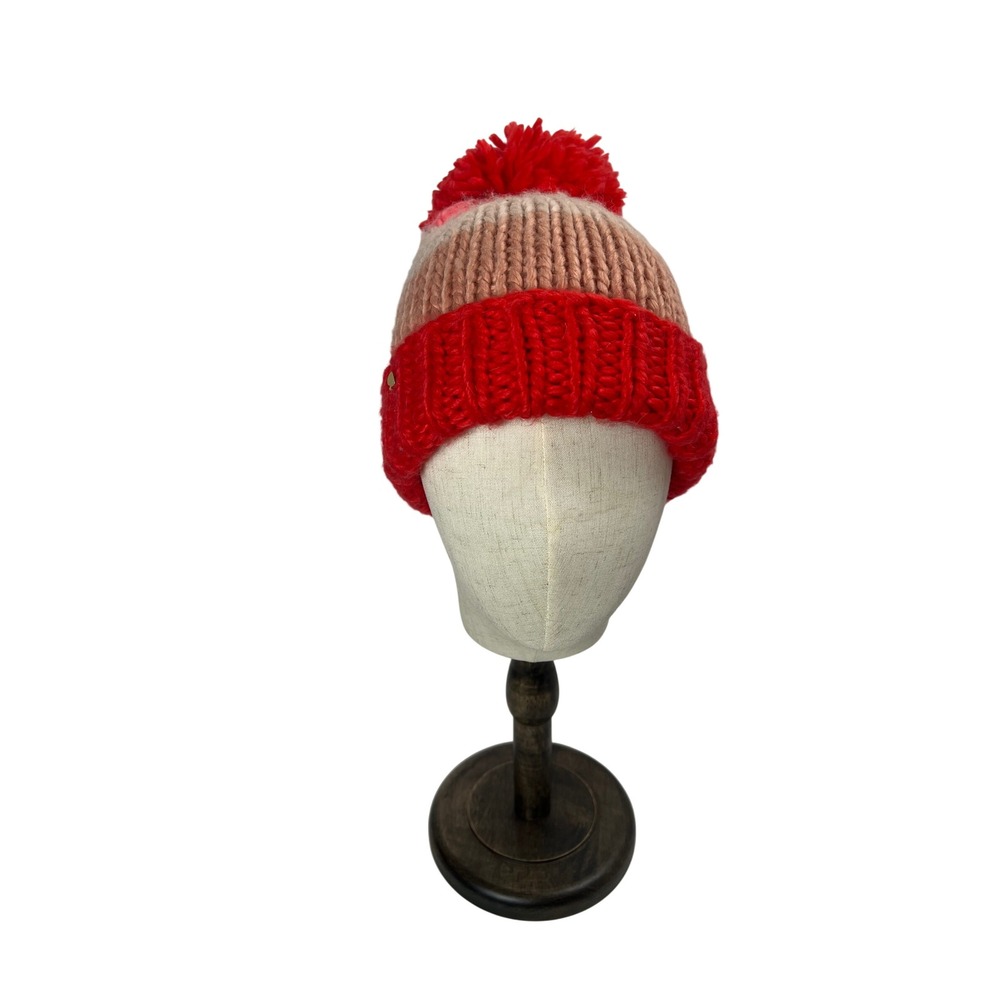 Kate Spade New York Pom Pom Beanie Hat Striped Wool Blend Red Pink